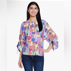 Ali Miles Women's Sz PXL Woven Popover 3/4 Sleeve Ties Rayon Geometric Multi